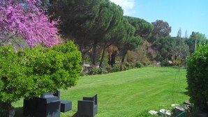 A well-maintained garden with a lawn, seating area, and trees. - Casa Grande (Constantina)