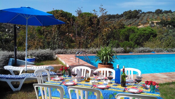 An outdoor dining area with a pool, white plastic chairs, and a table set with plates, glasses, and a blue umbrella. - Casa Grande (Constantina)