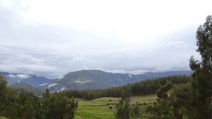 Une vue depuis un balcon donnant sur un paysage verdoyant, avec des collines ondoyantes et une chaîne de montagnes lointaine.