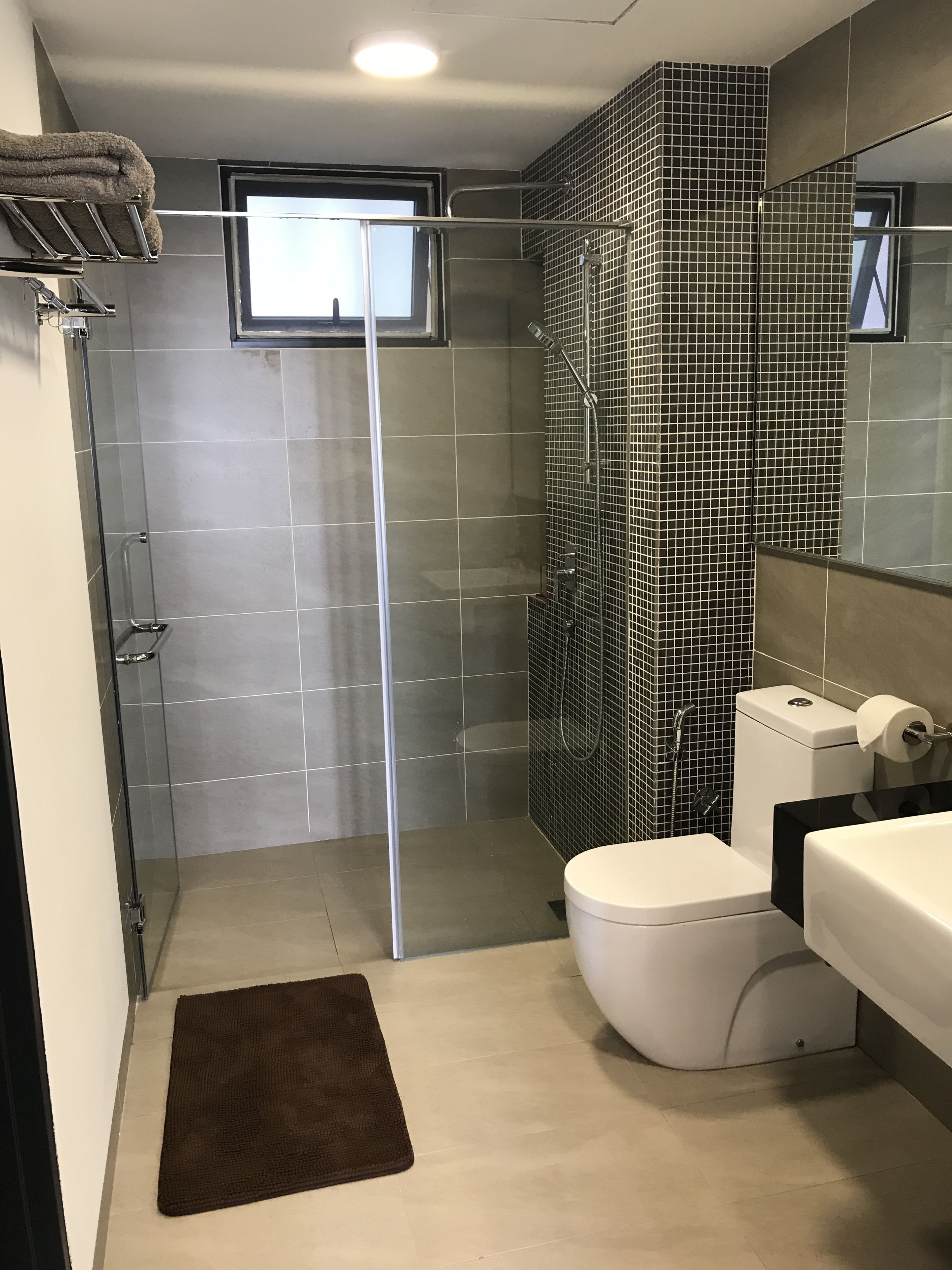 A modern bathroom with a glass-enclosed shower, a toilet, and a sink.