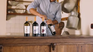 Una persona sirve vino de una botella en una copa.