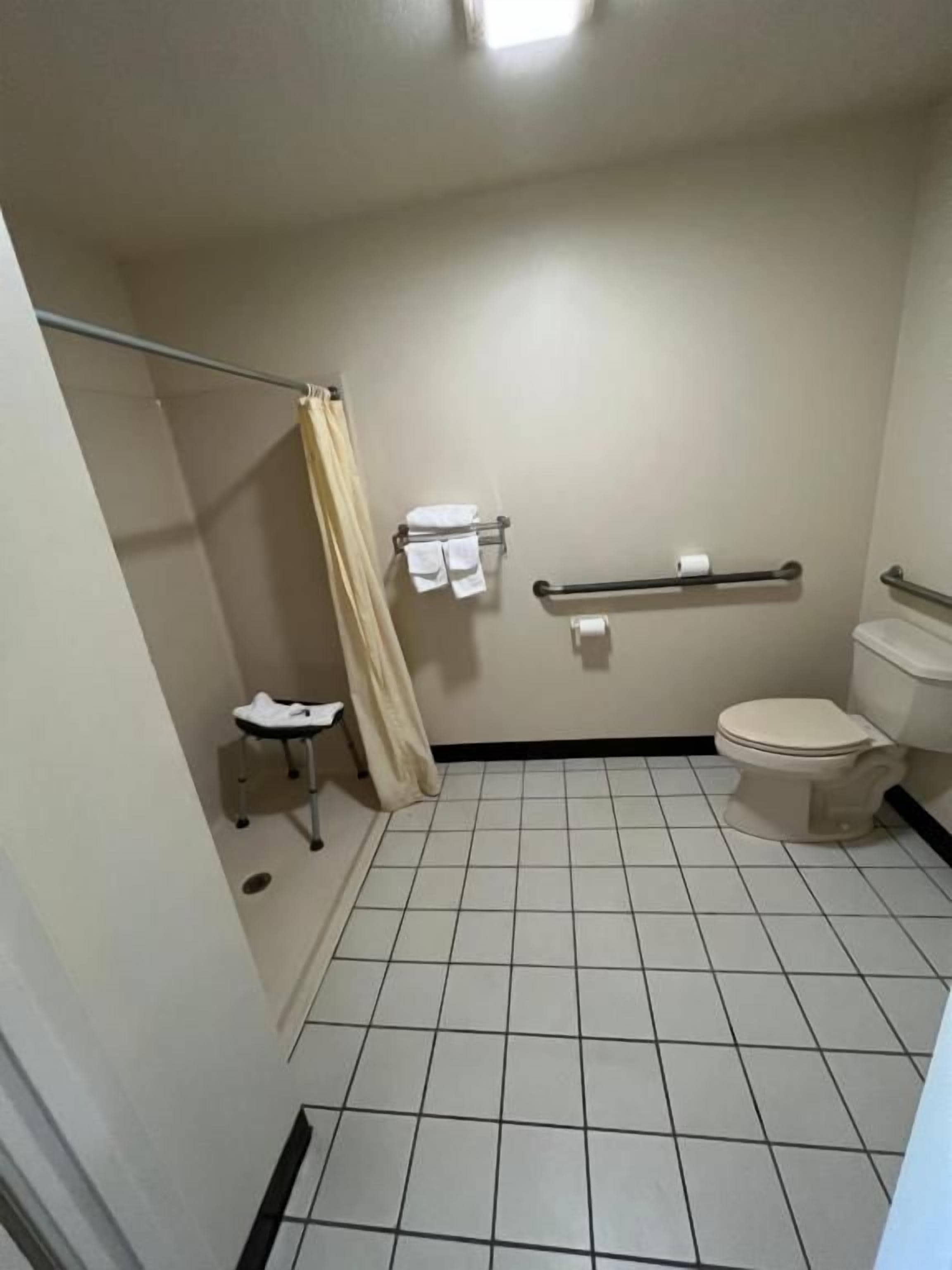 A small bathroom with a toilet, a shower curtain, a towel rack, and a small stool.