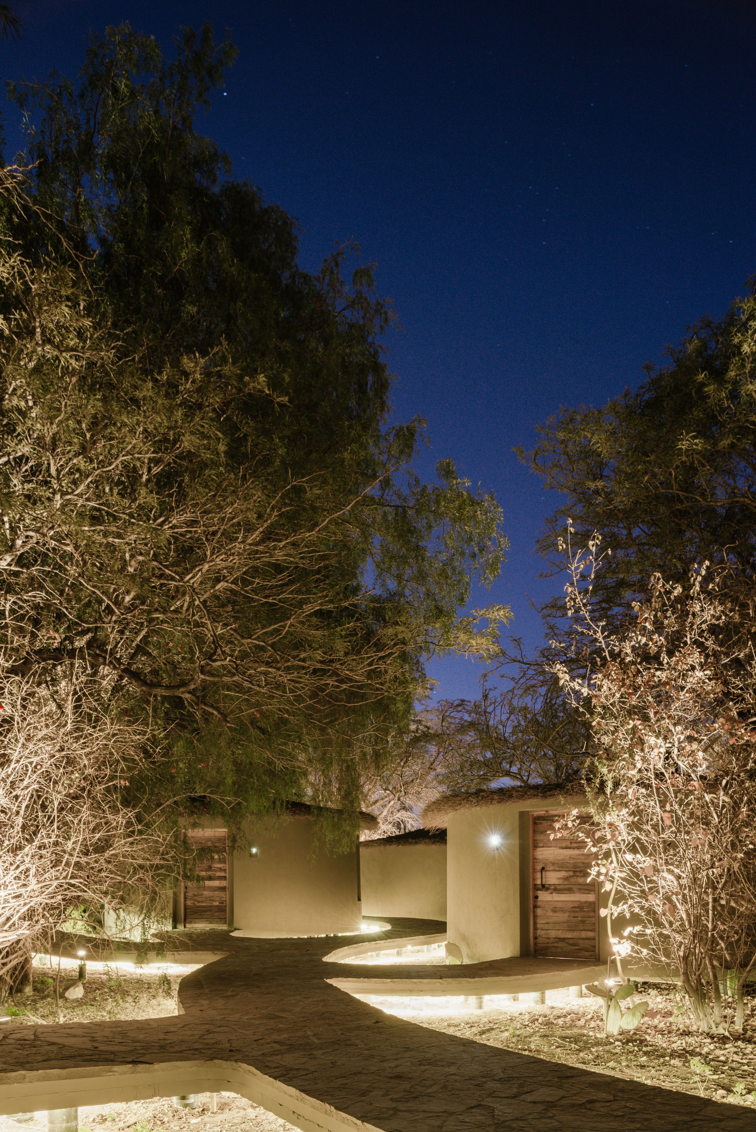 A nighttime view of a pathway leading to a building with a wooden door, surrounded by trees and illuminated by ground lights.