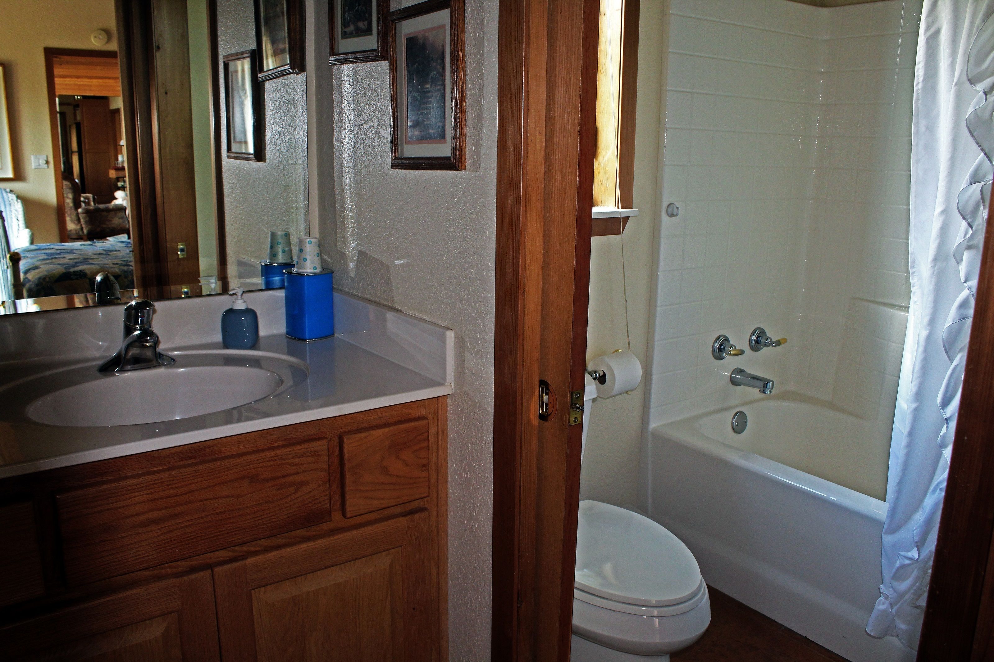 Une salle de bain avec un lavabo, un miroir et une baignoire.