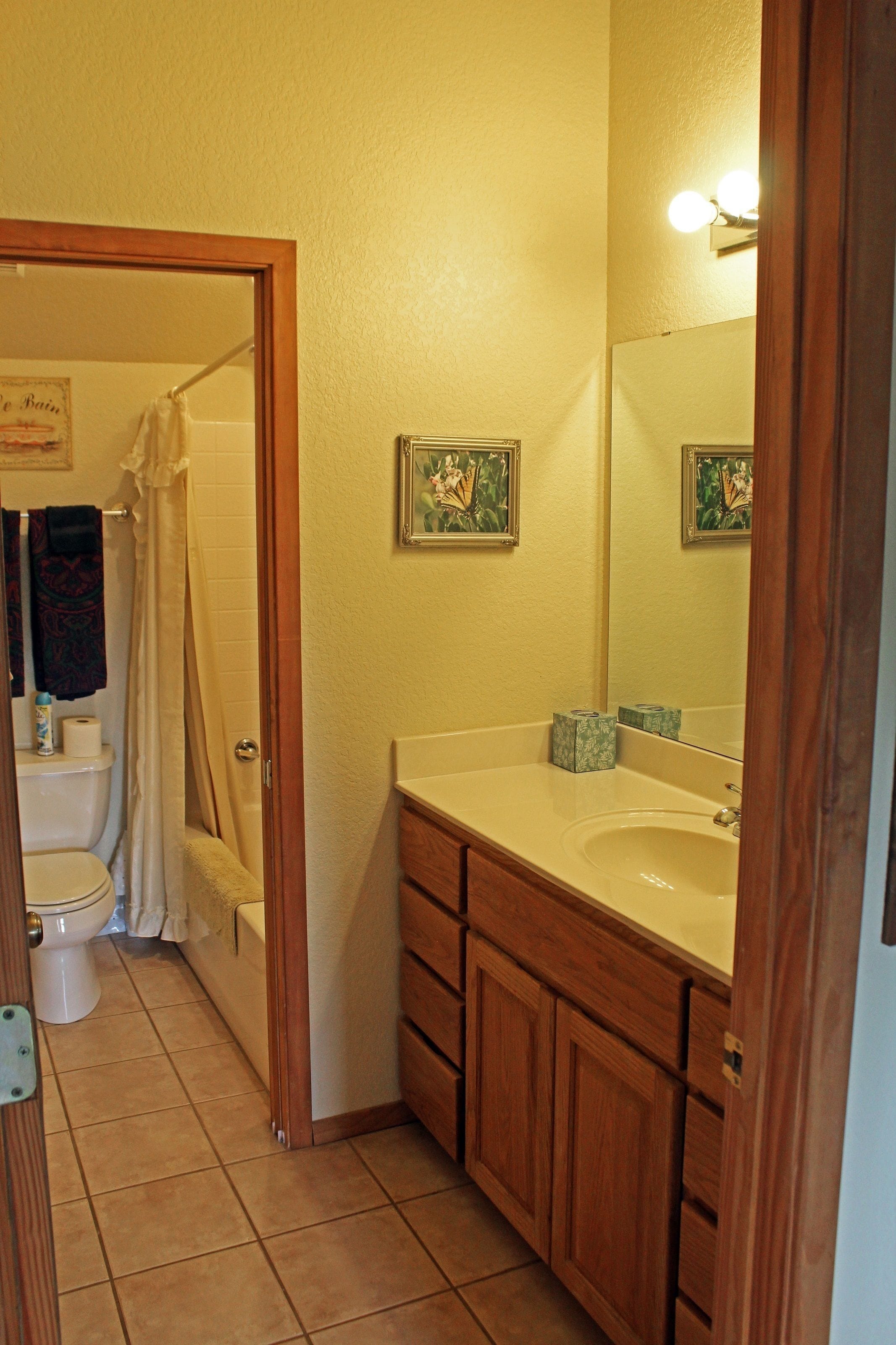 A bathroom with a wooden vanity, a sink, and a mirror. There is a shower curtain and a toilet visible in the background.