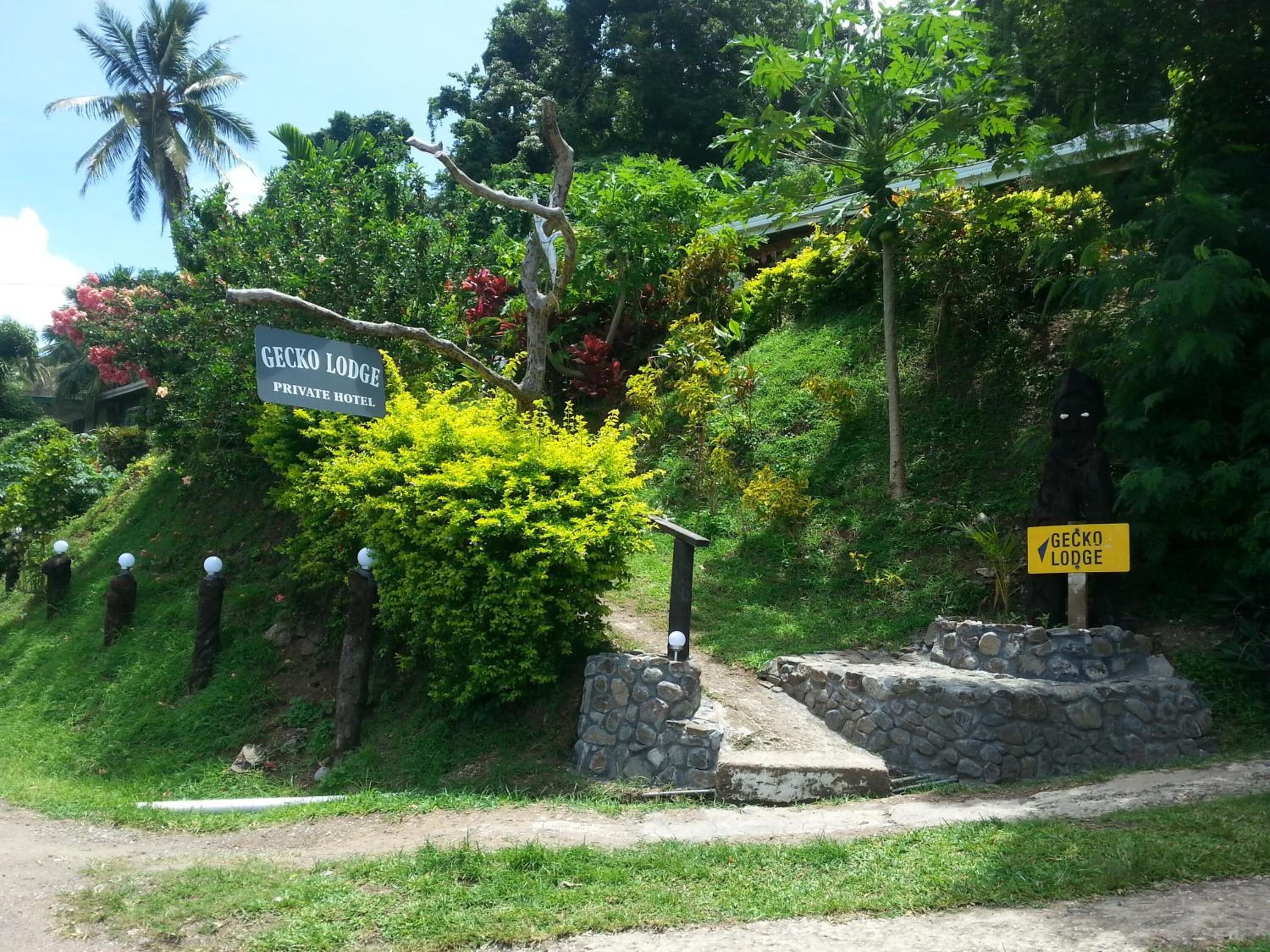 Skilt for Gecko Lodge Private Hotel omgivet af frodig vegetation og en stentrappe.