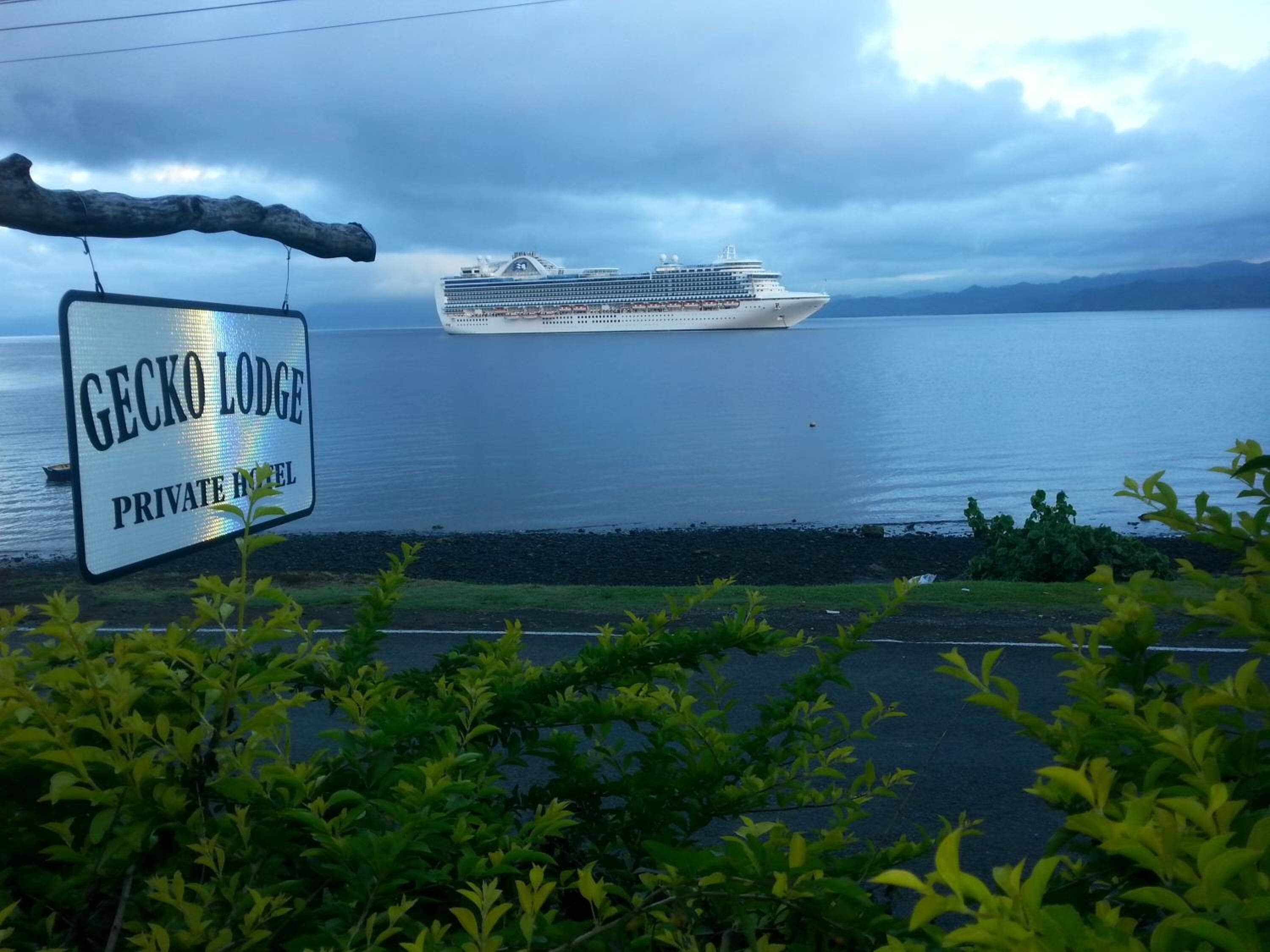 A sign for Gecko Lodge Private Hotel with a view of a cruise ship in the background.