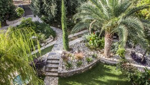 A landscaped garden with a stone pathway, palm trees, and a variety of shrubs. - Villa Elisa, View+Hidden in Trees! (Perama)