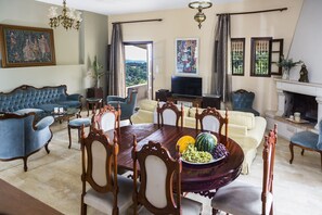 TV, fireplace, DVD player, books