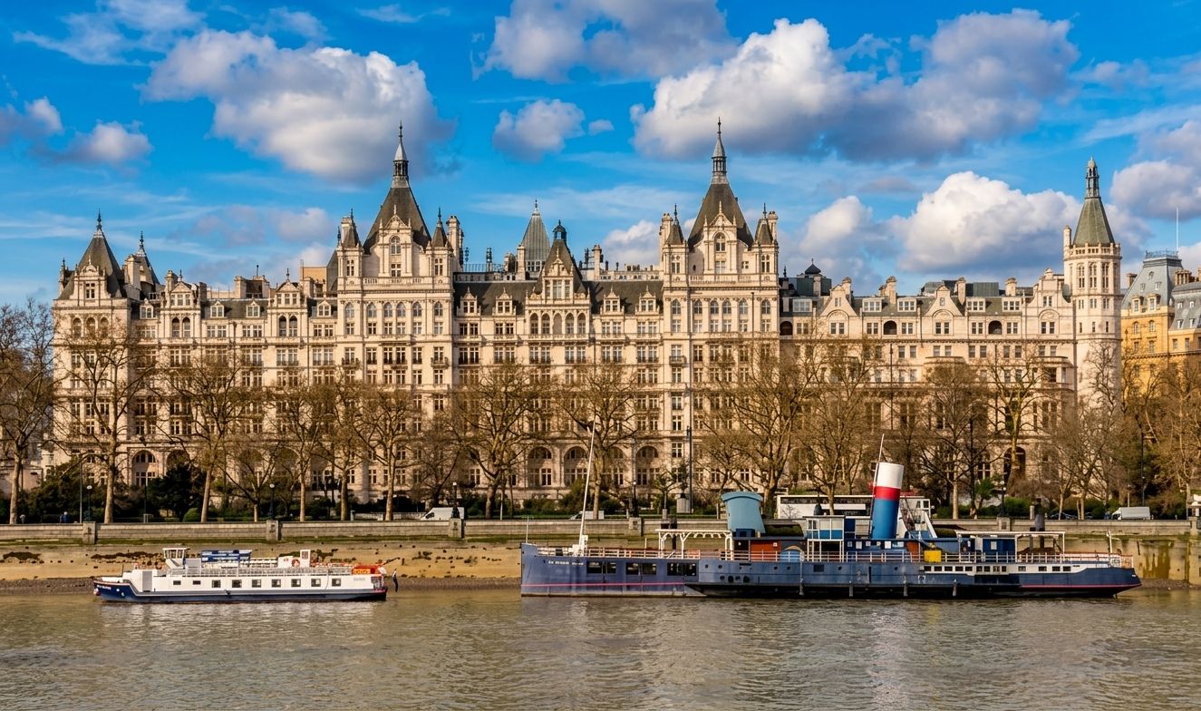A historic building with multiple towers and a river in the foreground.