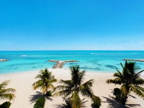 Una playa con agua turquesa cristalina, arena blanca y palmeras.