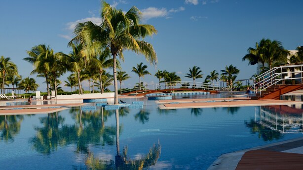 Zona de piscina con palmeras, terraza de madera y cielo azul despejado.
