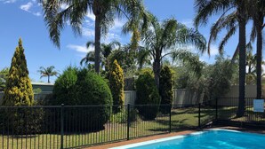 A swimming pool surrounded by a fence, with palm trees and other greenery in the background.