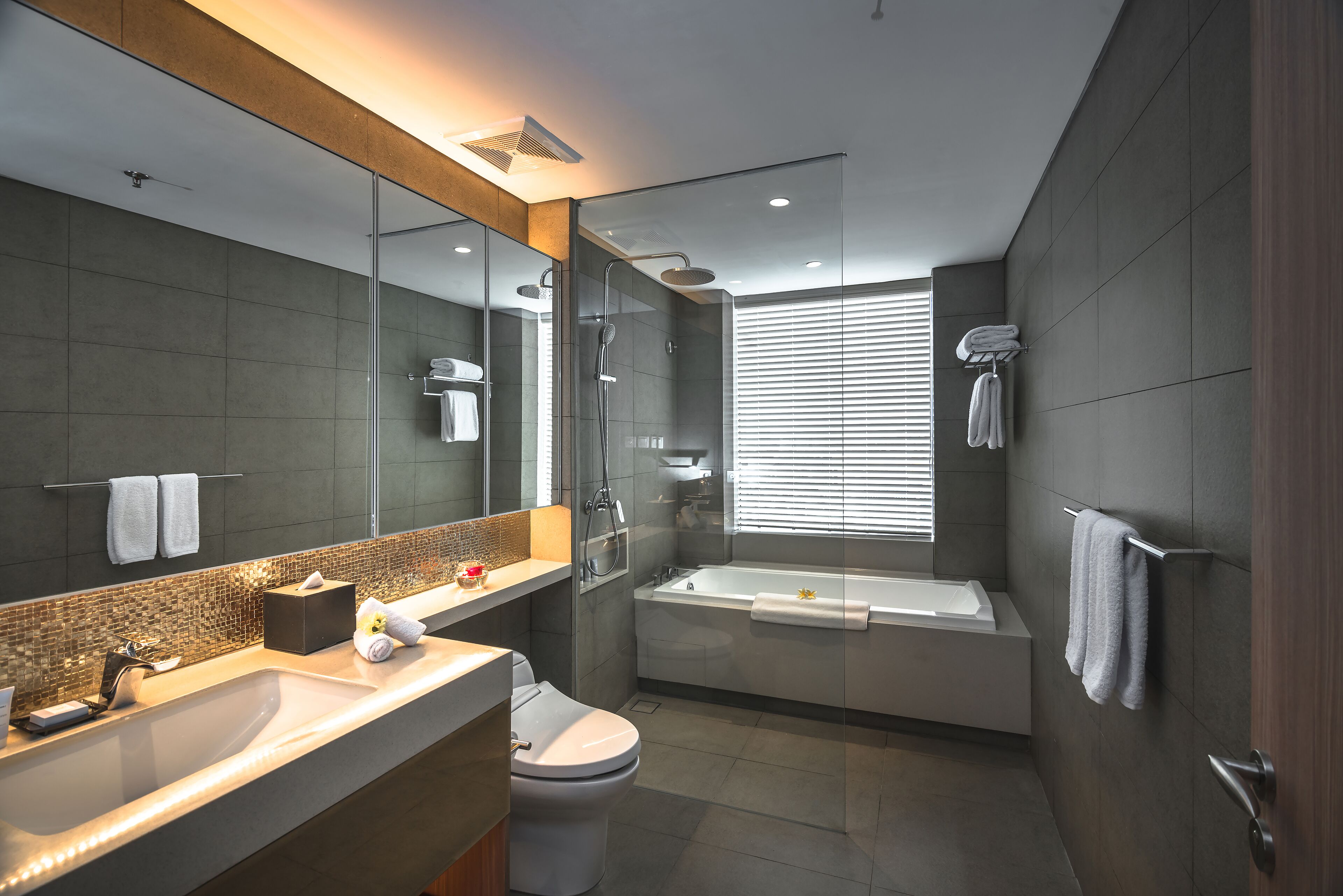 designer toiletries, hair dryer, bathrobes, slippers