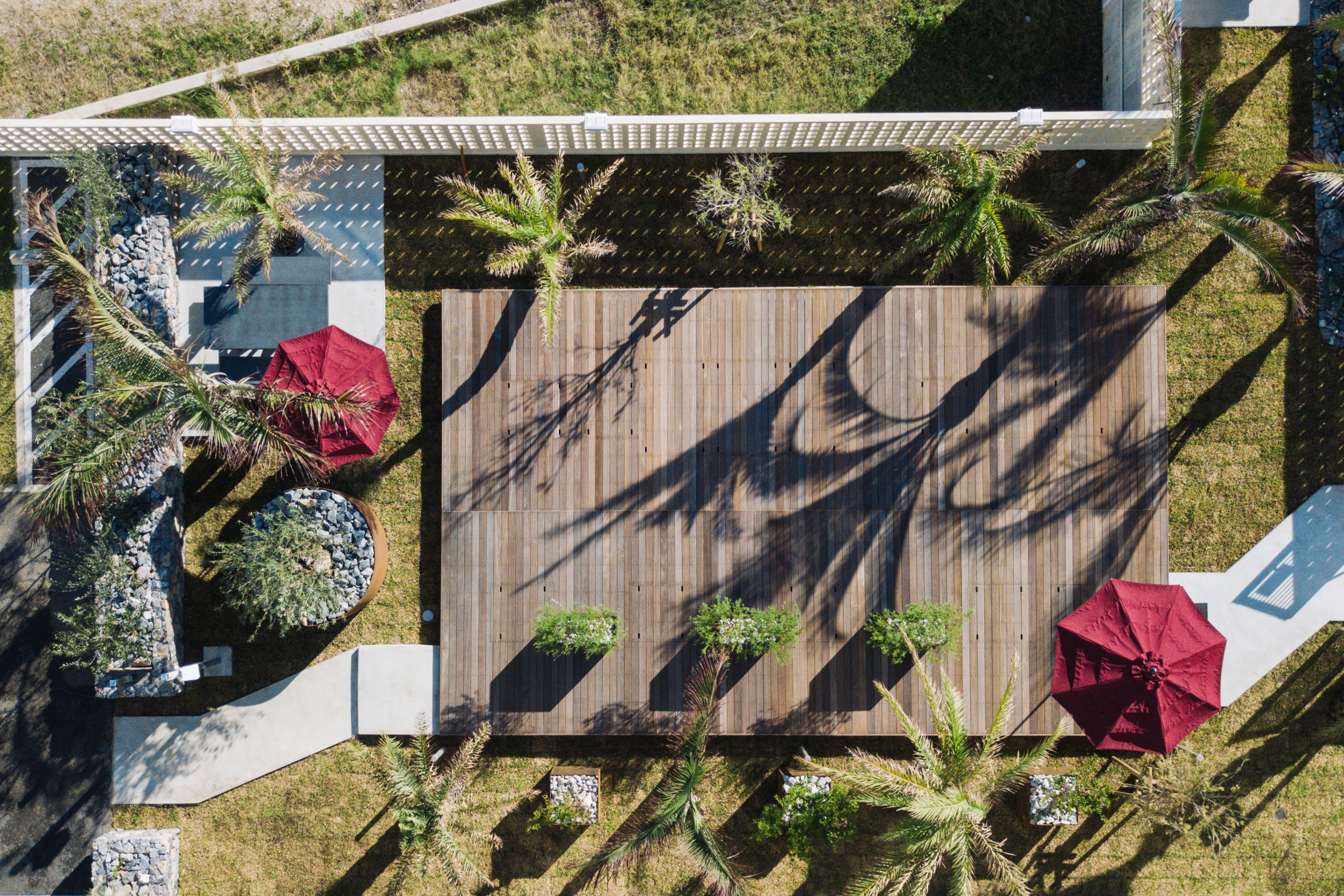 An aerial view of a modern outdoor patio area with a wooden deck, surrounded by palm trees and potted plants.