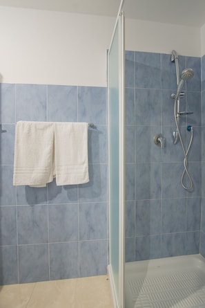 Combined shower/tub, hair dryer, bidet, towels