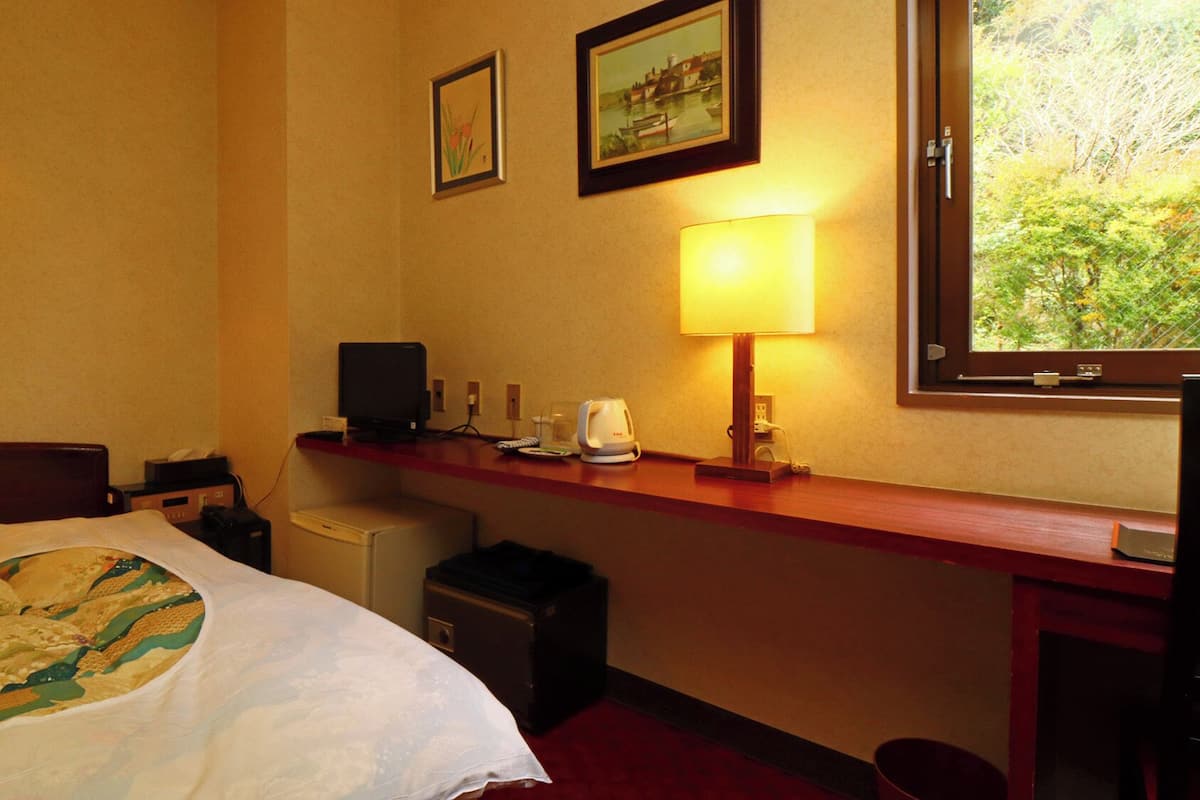 A hotel room with a bed, a desk with a lamp, a television, and a window with a view of greenery.