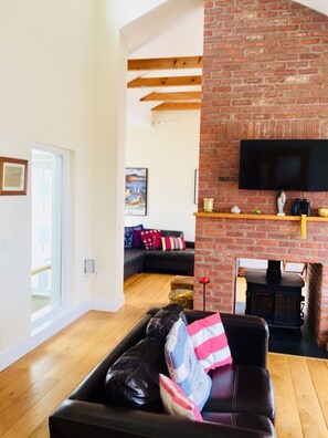 Smart TV, chimenea y libros 