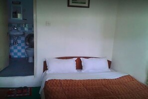 Une chambre à coucher avec un lit, une fenêtre et une vue sur une salle de bain.