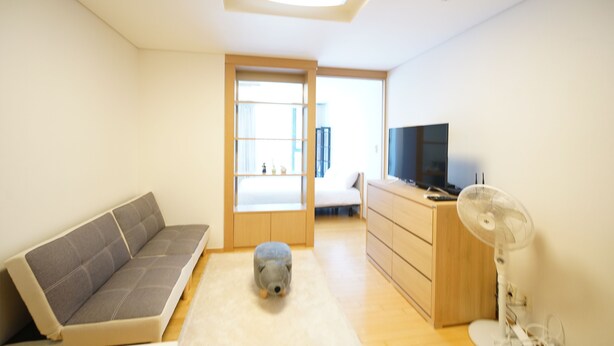 A modern living room with a sofa, a small dog, a TV, and a fan. - Jamsil Stn & Galleria Palace Apt B (Seoul)