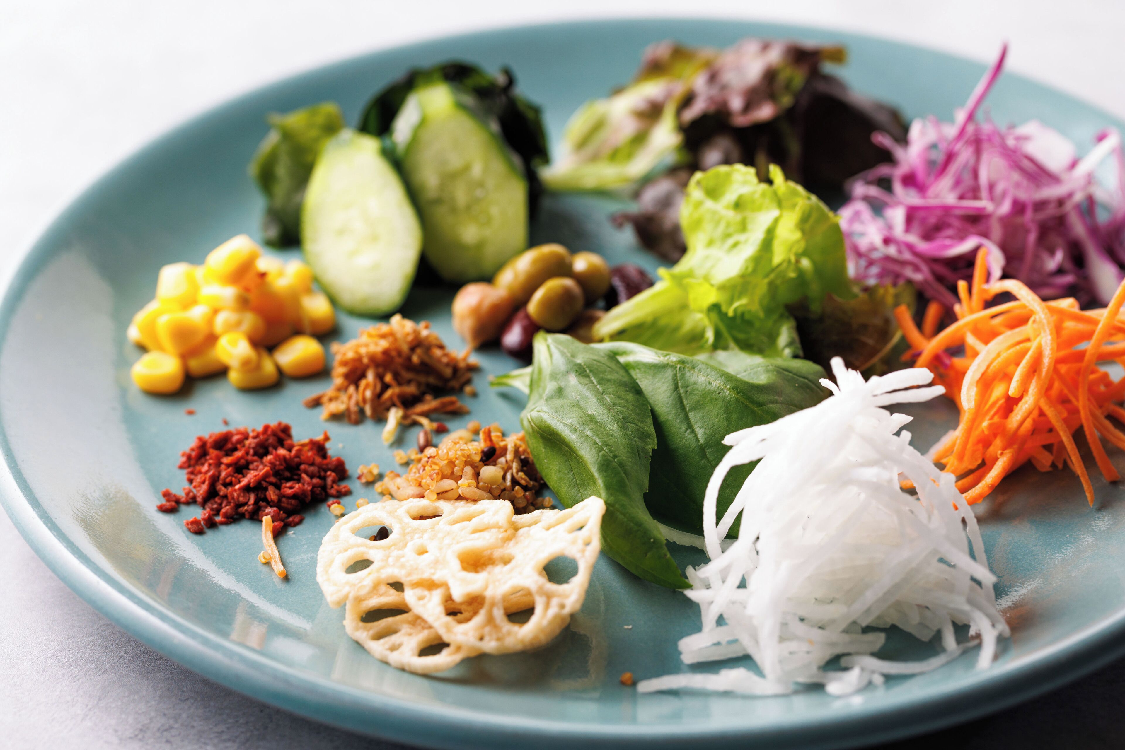 A plate with various vegetables and snacks.