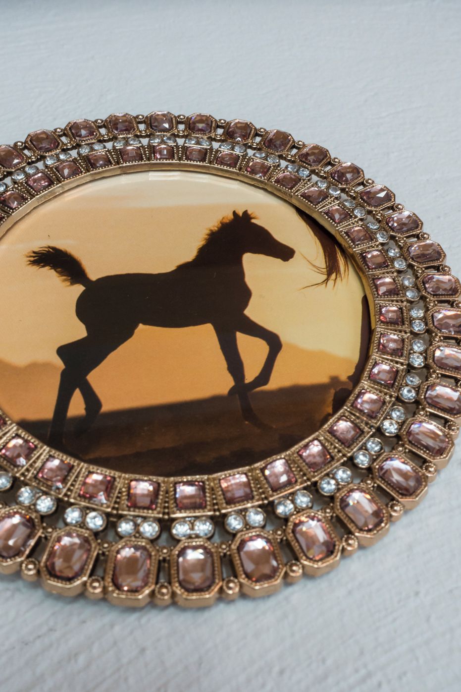 Een speld met een silhouet van een paard en een decoratieve rand.