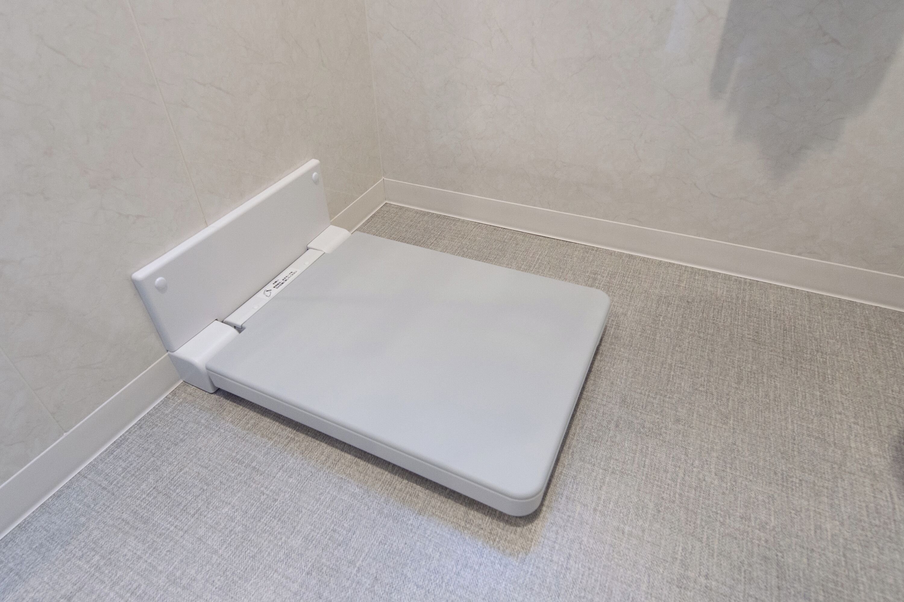A bathroom with a white toilet, a textured floor, and a plain wall.
