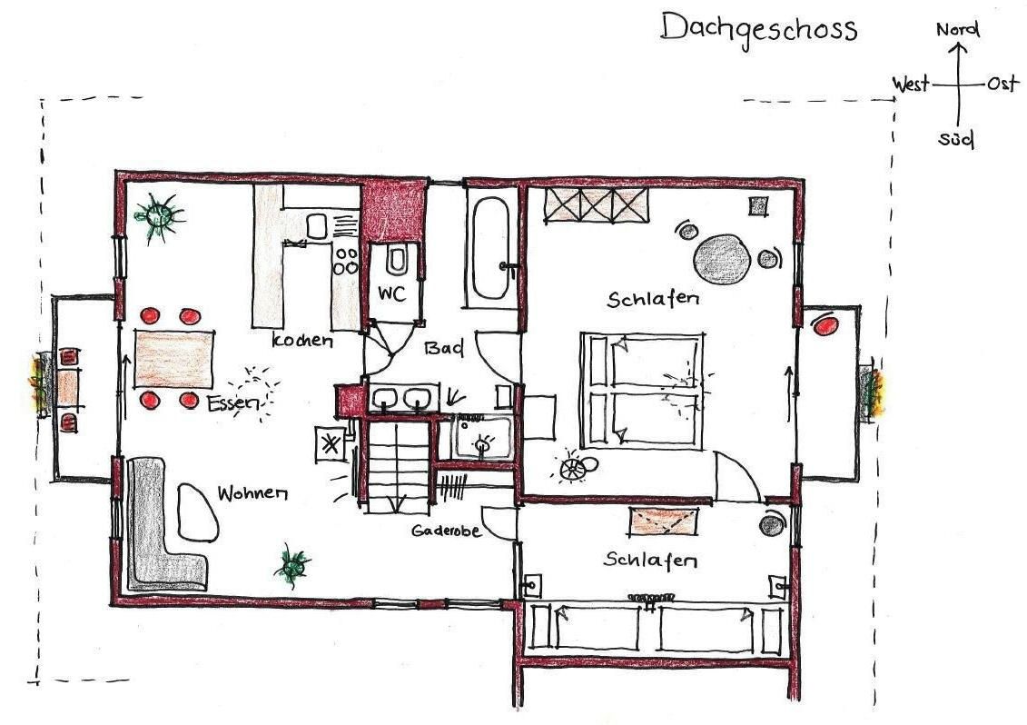 A hand-drawn floor plan of a Dachgeschoß with labeled rooms including a kitchen, bathroom, and sleeping areas.