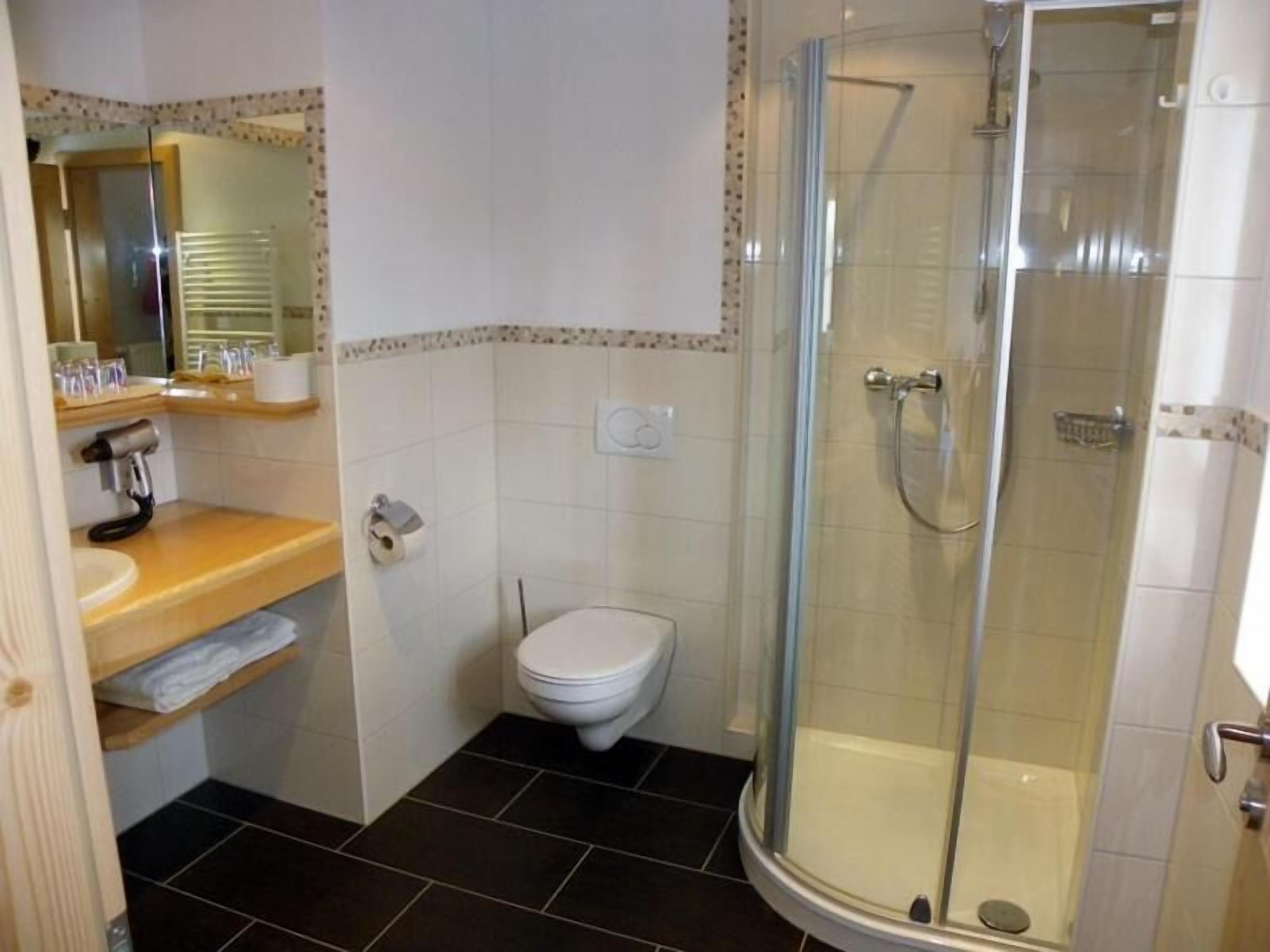 A bathroom with a toilet, a sink, a shower, and a mirror.