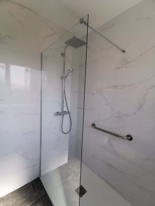 A glass-enclosed shower with a handheld showerhead and a fixed overhead showerhead.