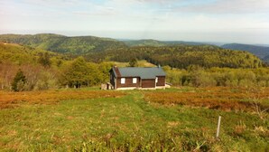 Una casa con techo verde y fachada de madera, rodeada por un paisaje montañoso con bosques frondosos.