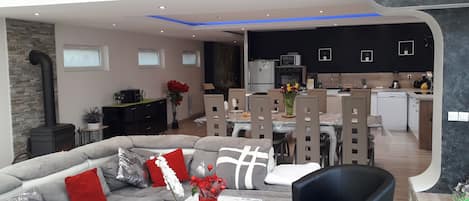 TV, fireplace, DVD player, table football