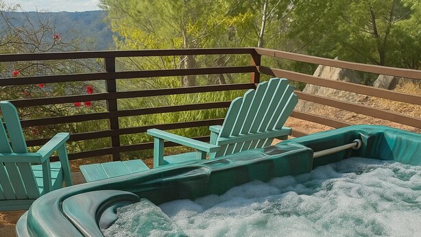 A hot tub with a wooden deck and chairs, surrounded by greenery and a mountainous backdrop. - Mulberry Hill (Fallbrook)