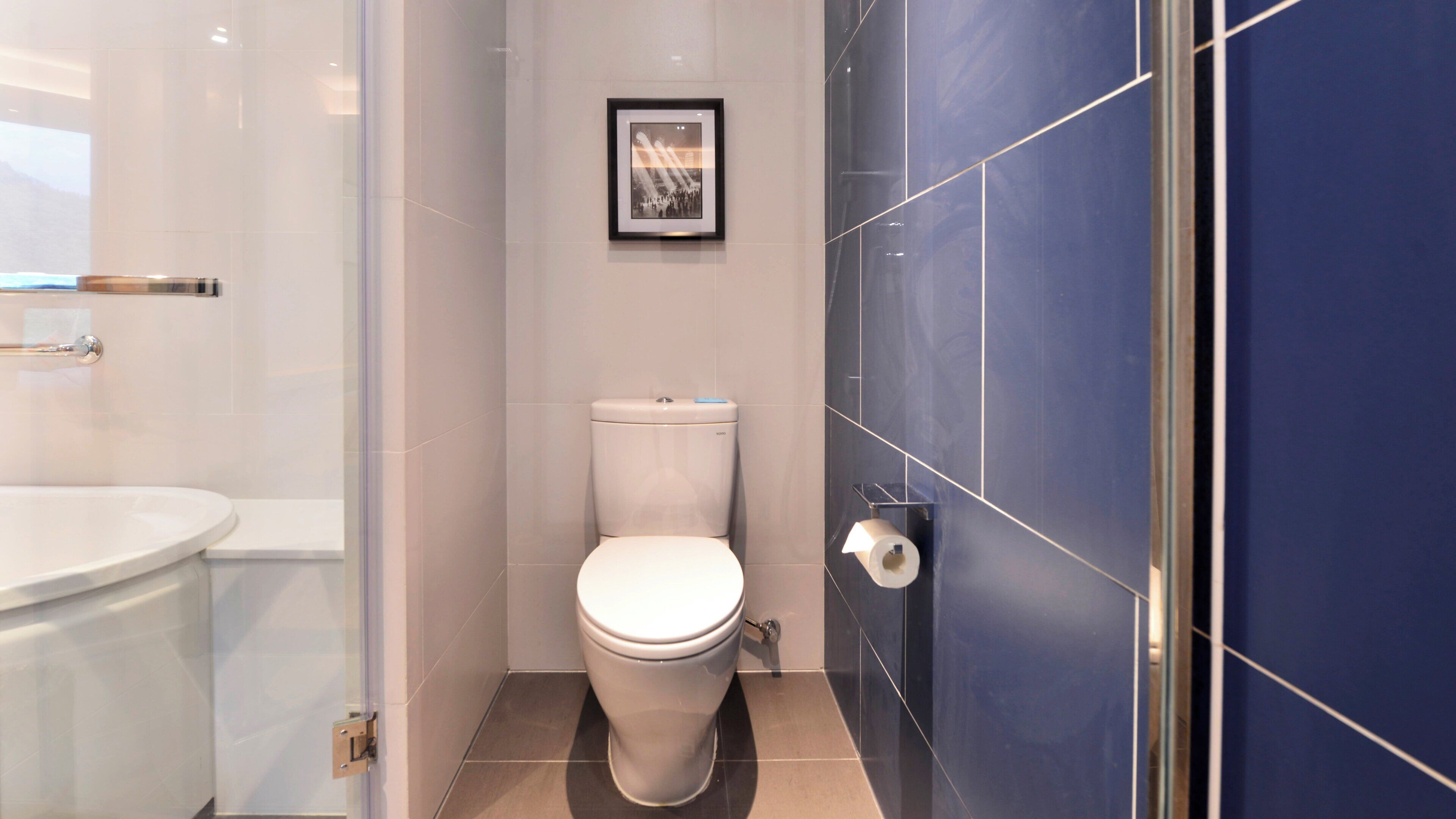 Een moderne badkamer met toilet, een inlijsting afbeelding aan de muur en een douchegedeelte met blauwe tegels.