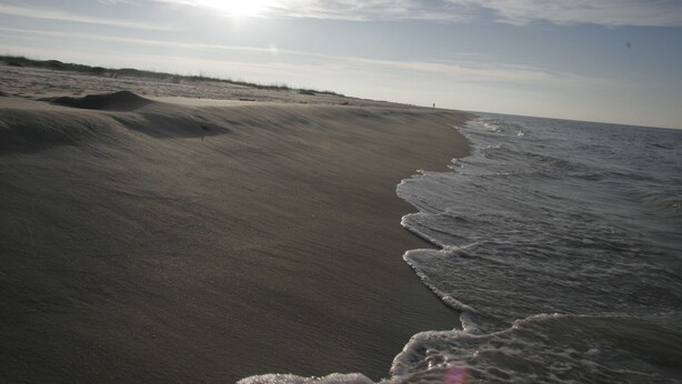 A beach with gentle waves and a clear sky.