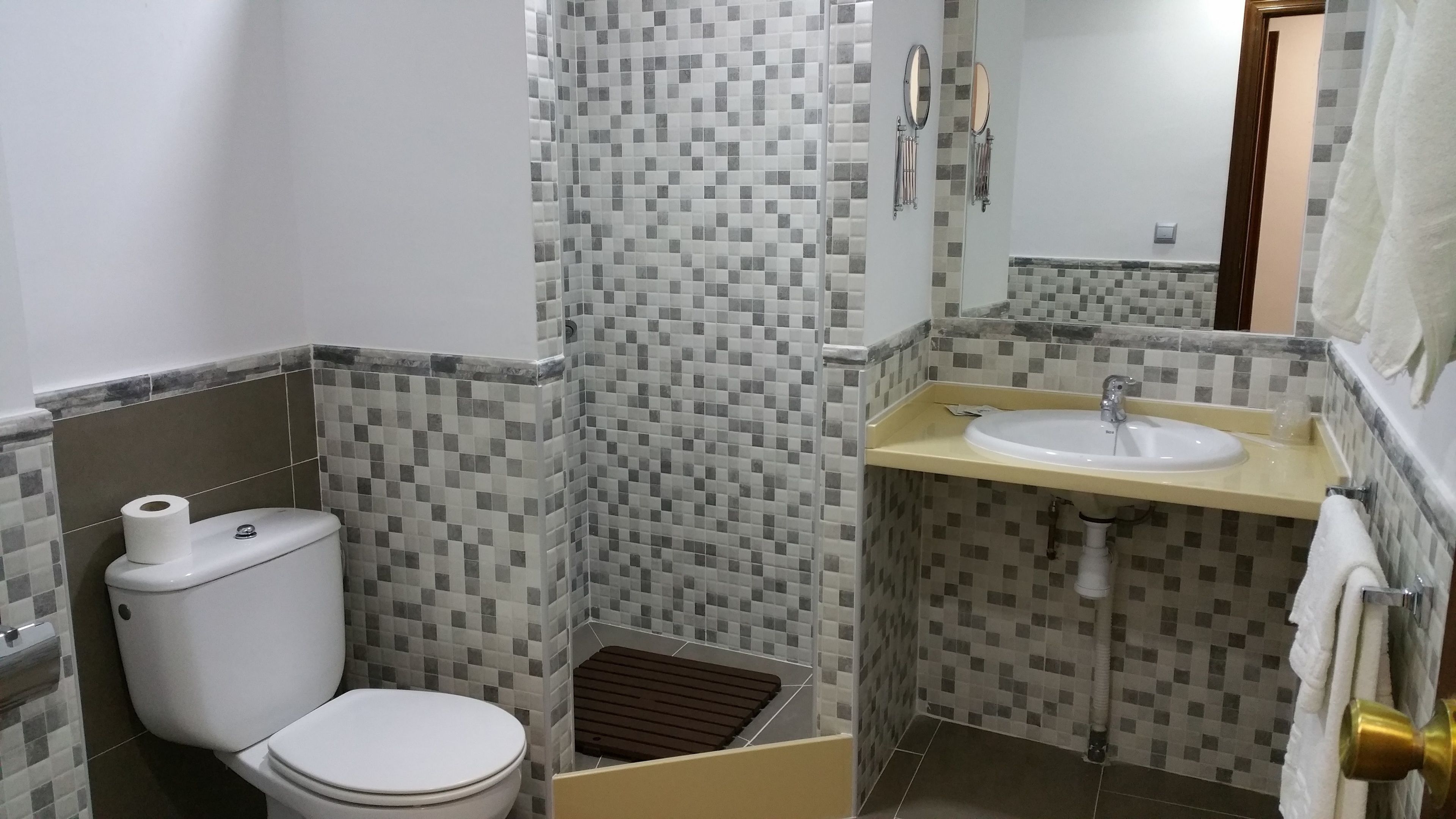 Un baño con inodoro, lavamanos y espejo.