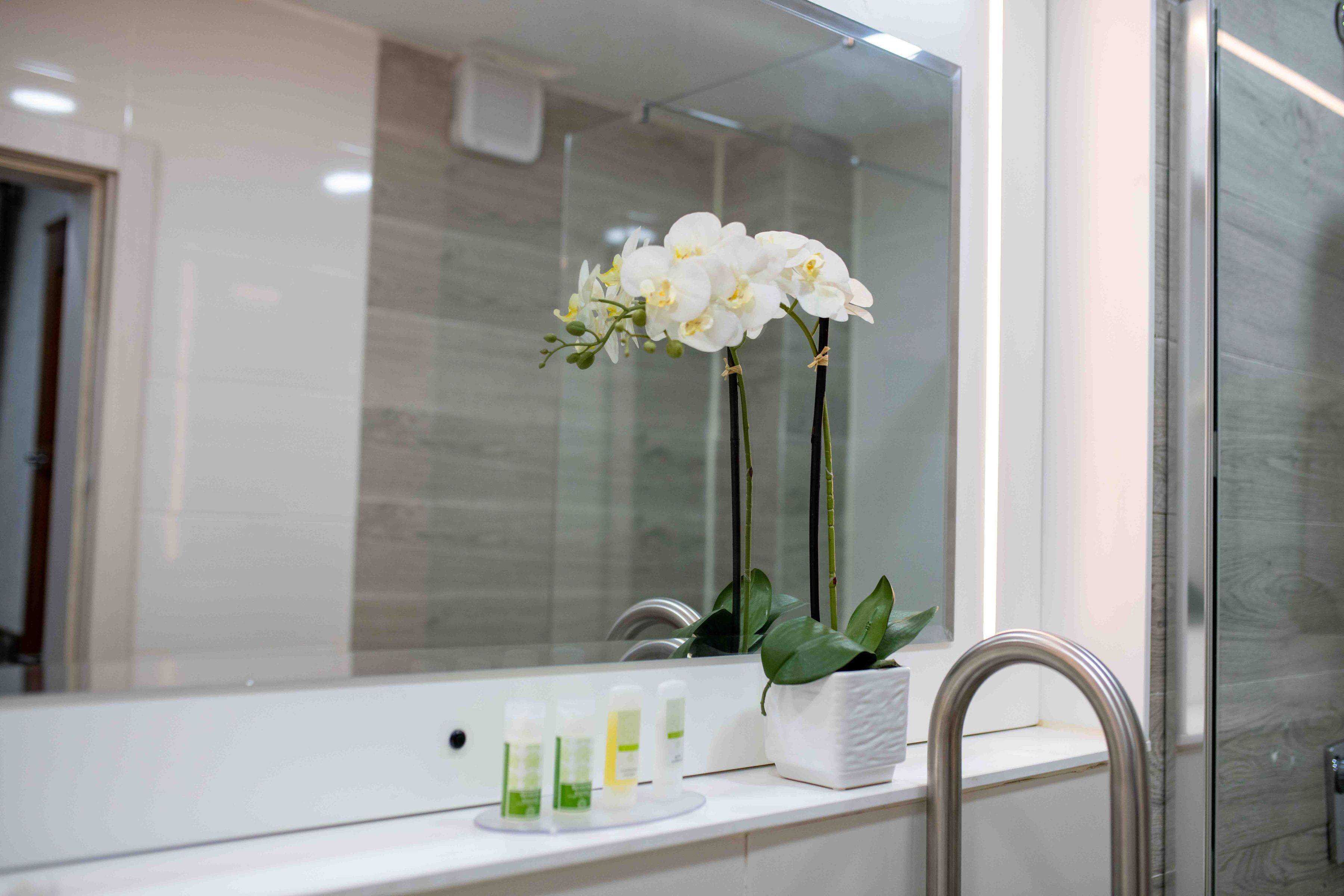 A bathroom with a large mirror, a sink with toiletries, and a potted orchid.