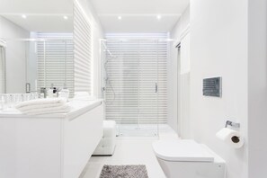 A modern bathroom with a glass shower enclosure, a white toilet, and a vanity with a mirror.