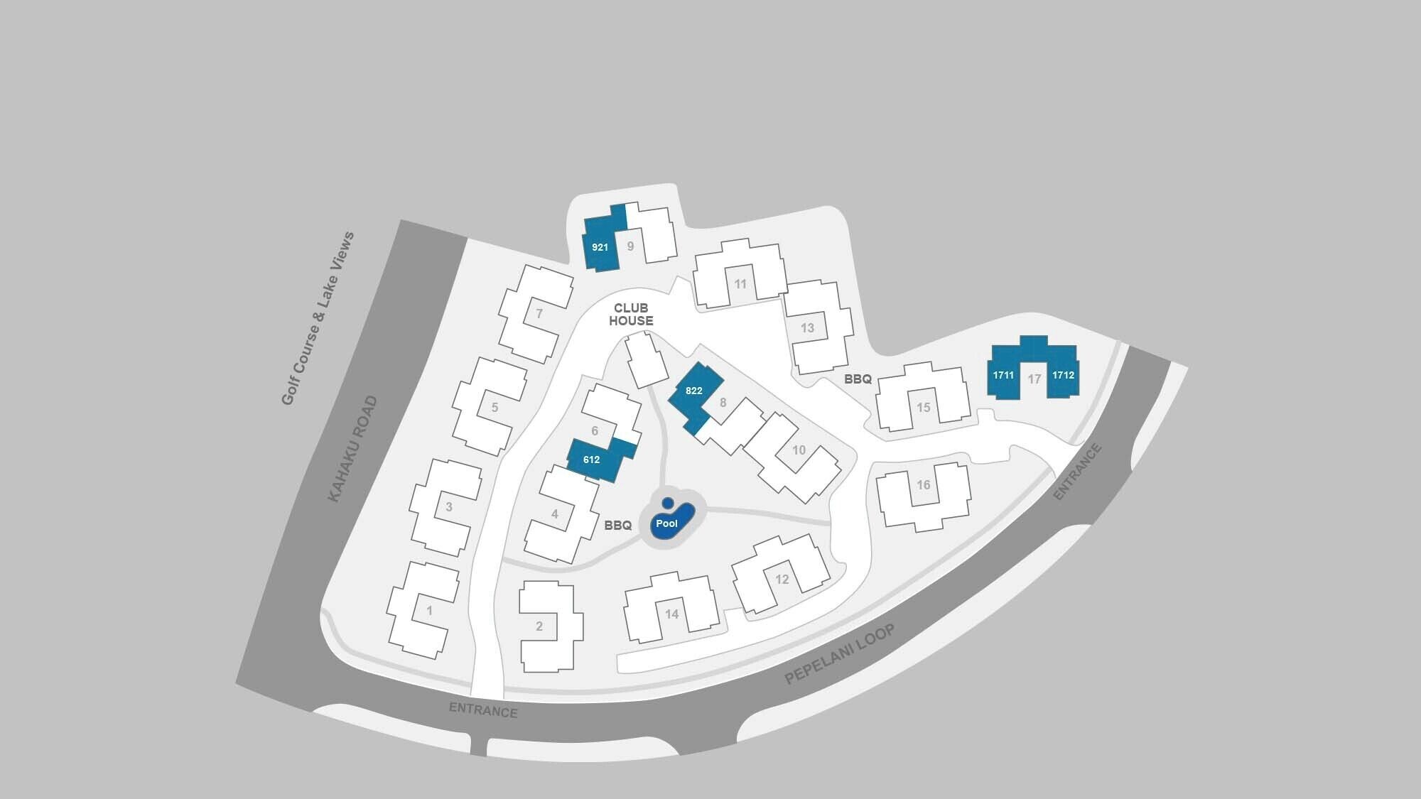A layout of a hotel with numbered rooms, a club house, a pool, and a BBQ area.