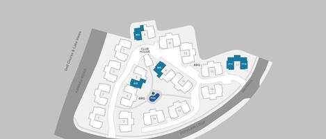 A layout of a hotel with numbered rooms, a club house, a pool, and a BBQ area.