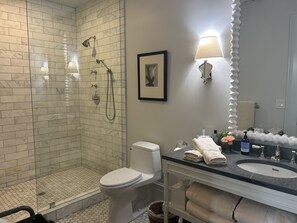 Hair dryer, towels, shampoo, toilet paper