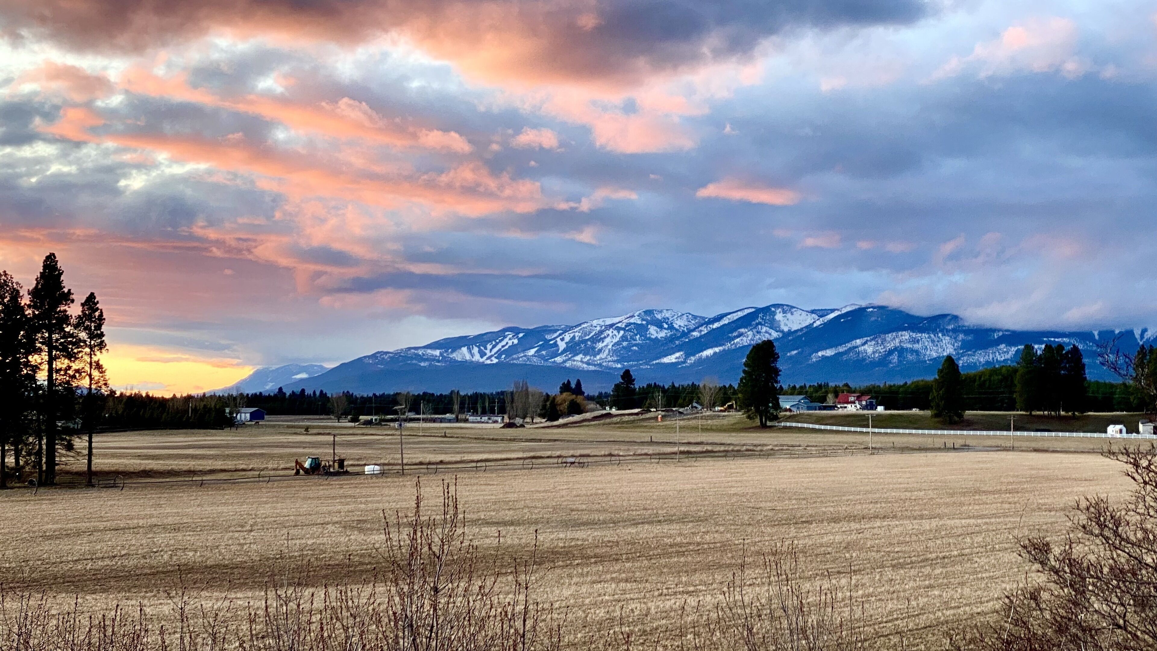 A wide-open field with a mountain range in the background.