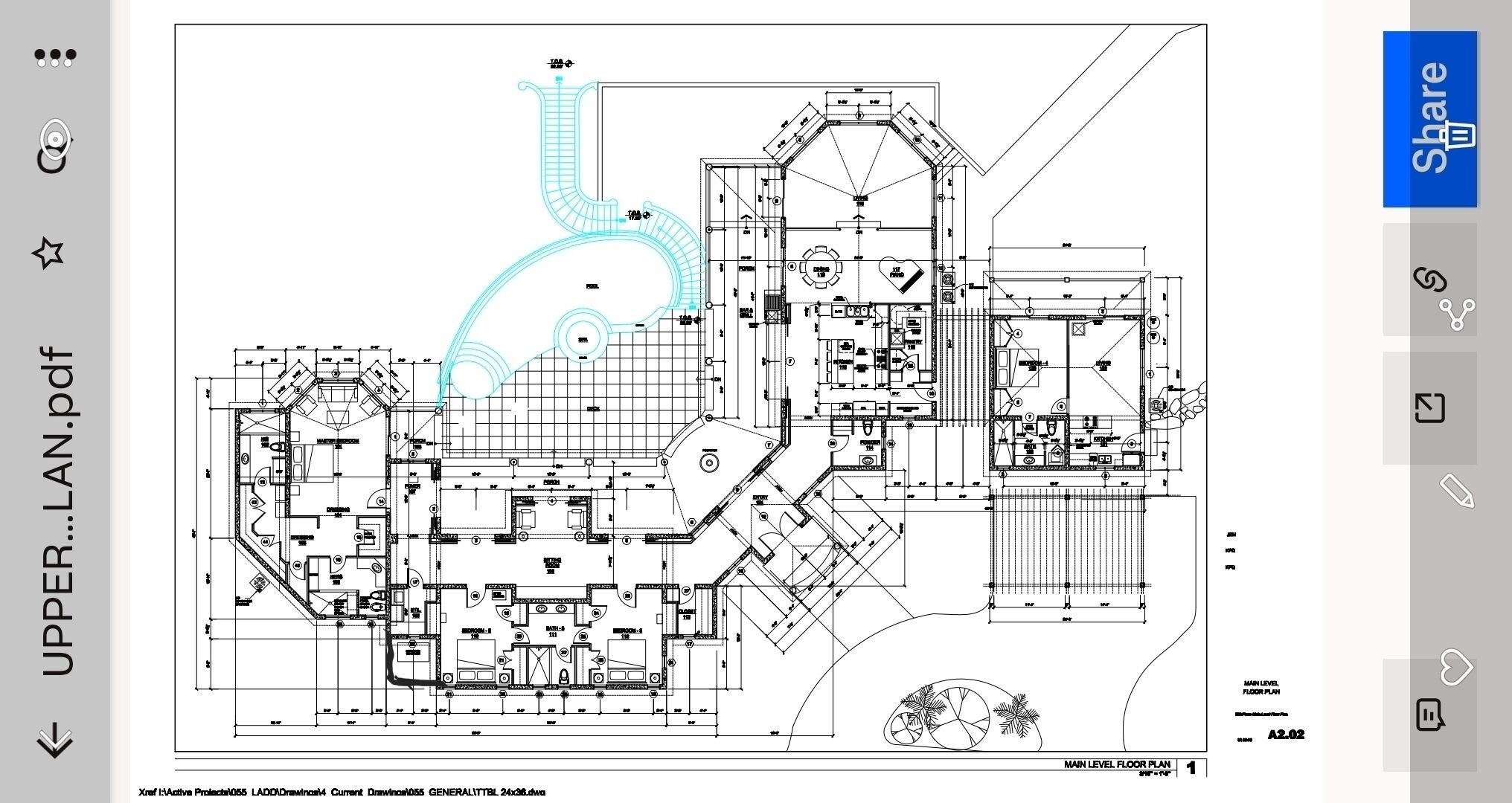 A detailed architectural floor plan of a building with multiple rooms, including a kitchen, dining area, and bedrooms.
