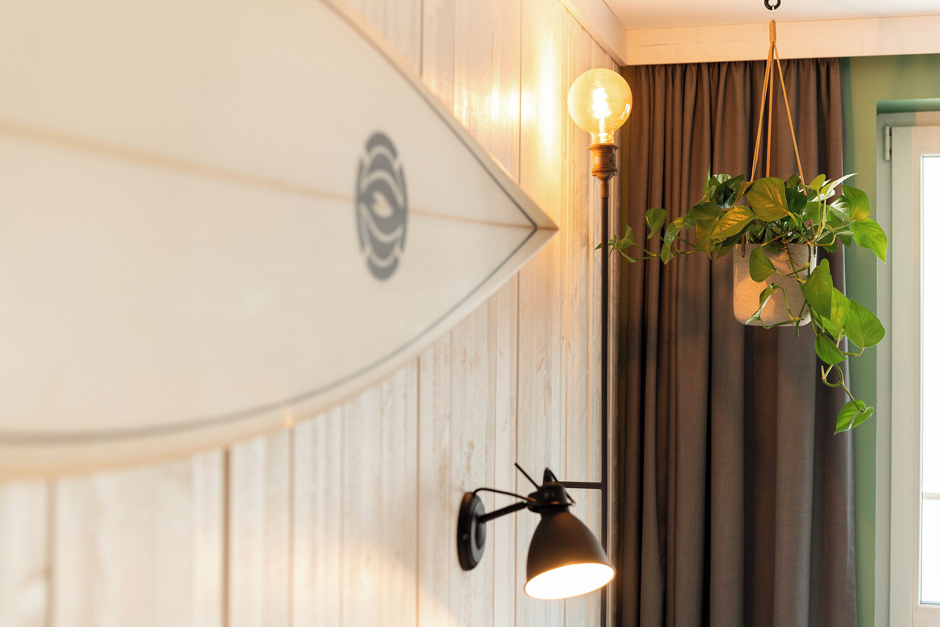 A surfboard leaning against a wall, a hanging plant, and a wall-mounted lamp.