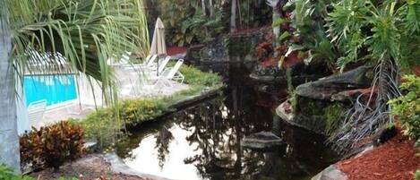 Ein ruhiger Garten mit einem kleinen Teich, umgeben von üppigem Grün und einem Poolbereich mit Liegestühlen.
