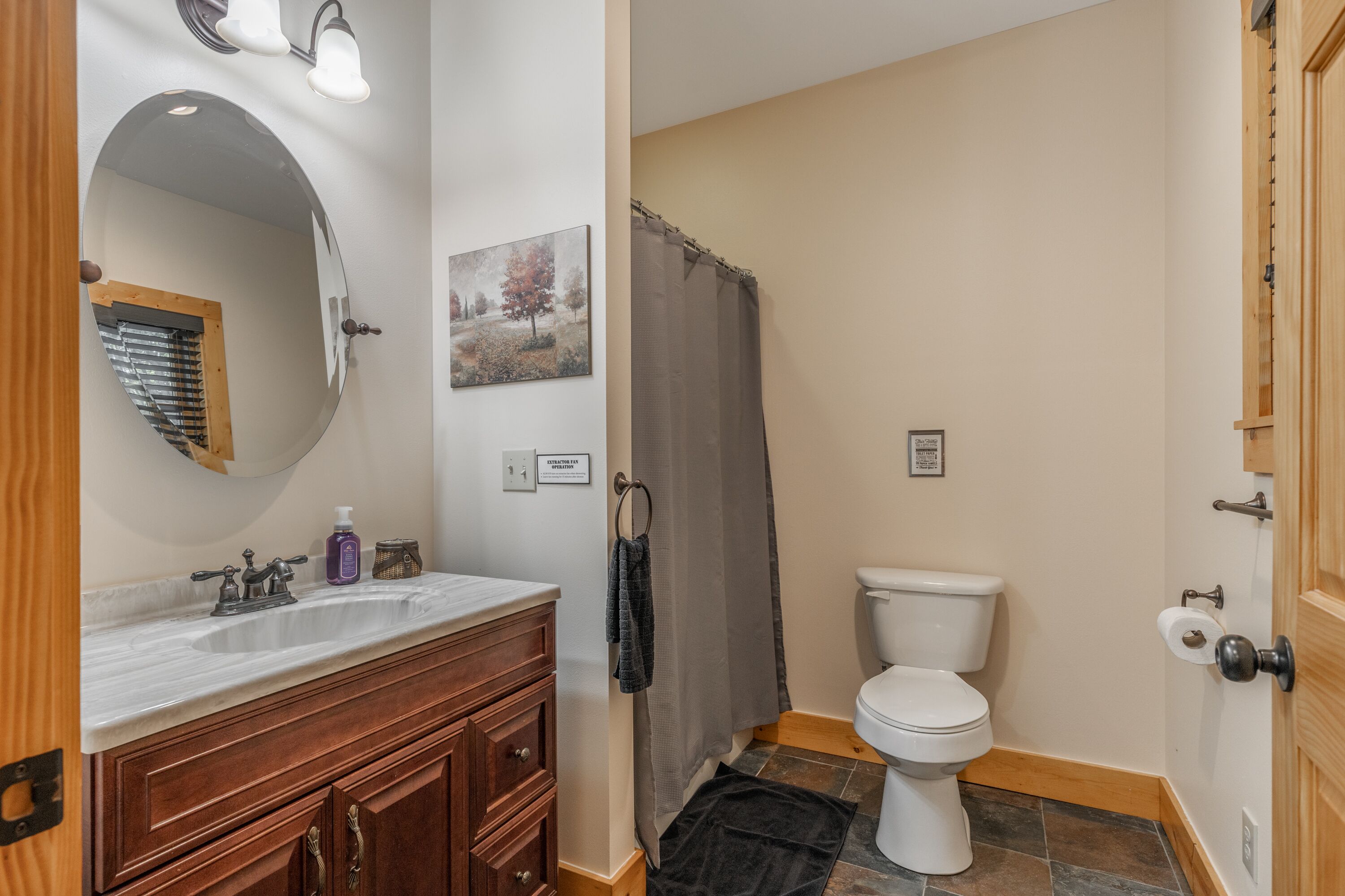 A bathroom with a wooden vanity, a large mirror, a toilet, and a shower curtain.