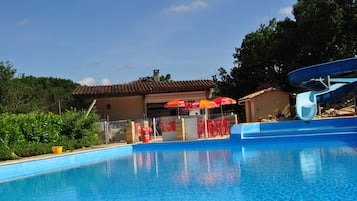 Seasonal outdoor pool, pool umbrellas, pool loungers