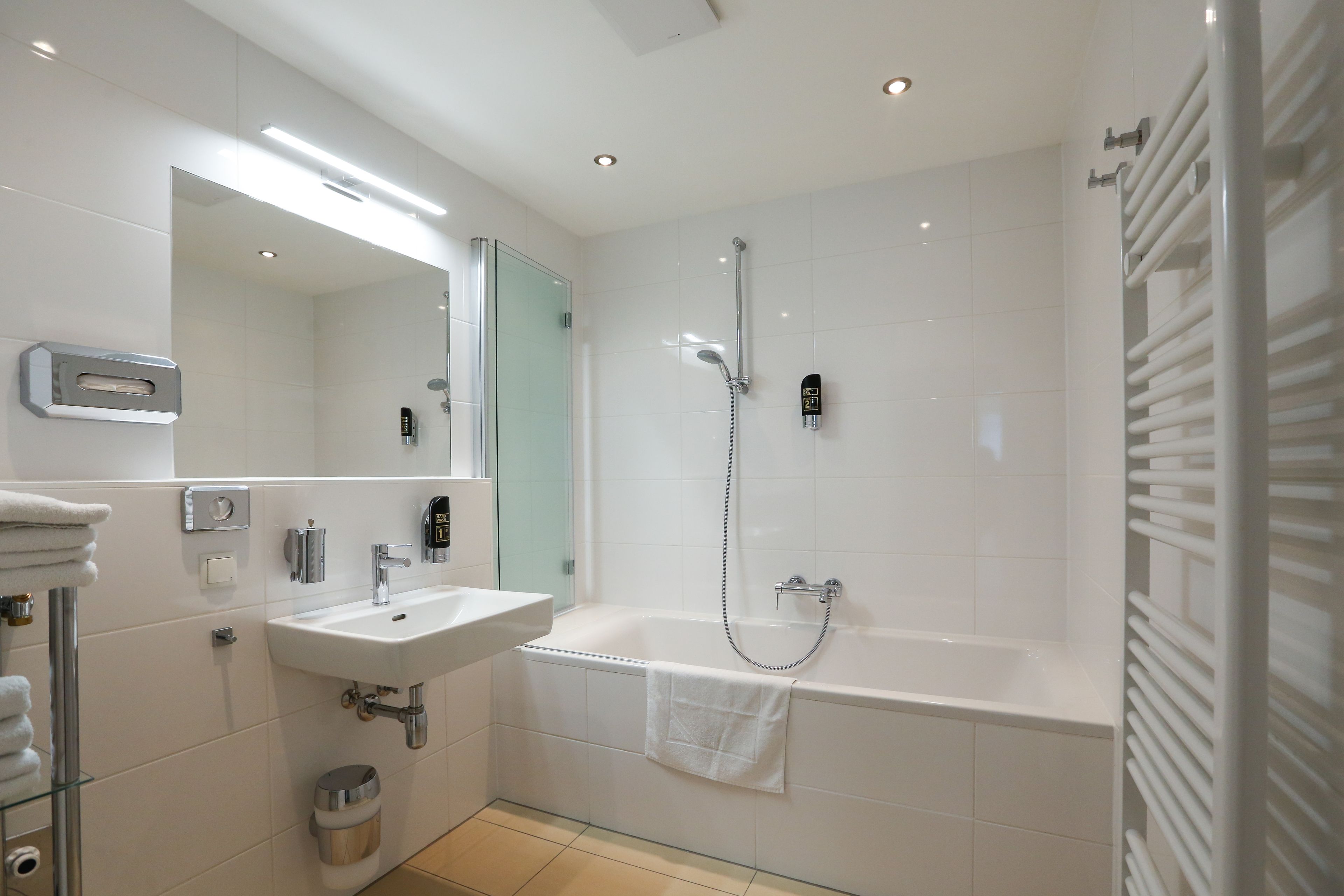 Combined shower/bathtub, free toiletries, hair dryer, towels