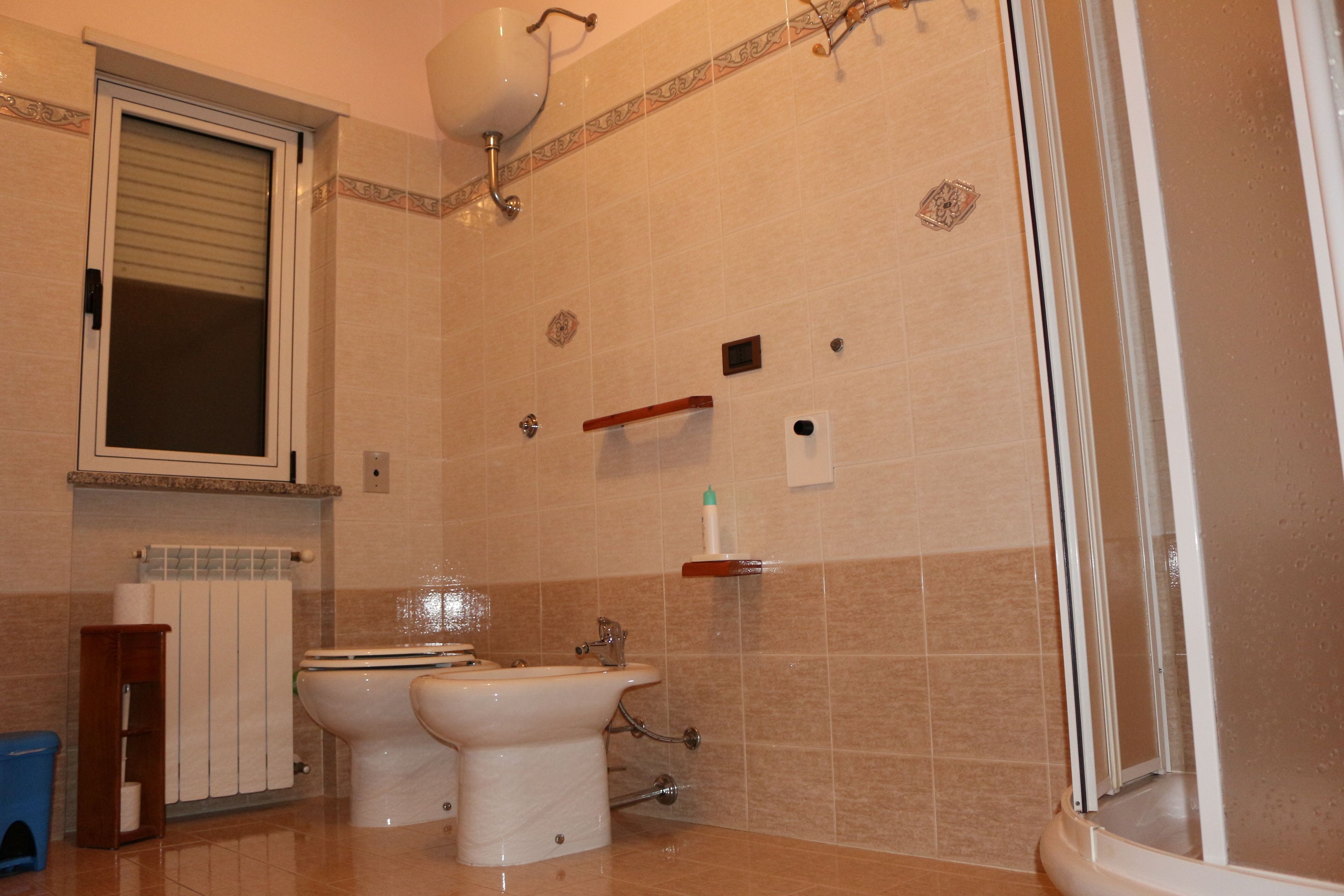 A bathroom with a toilet, bidet, and shower.