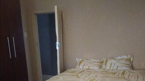 Un dormitorio con cama, armario y puerta.